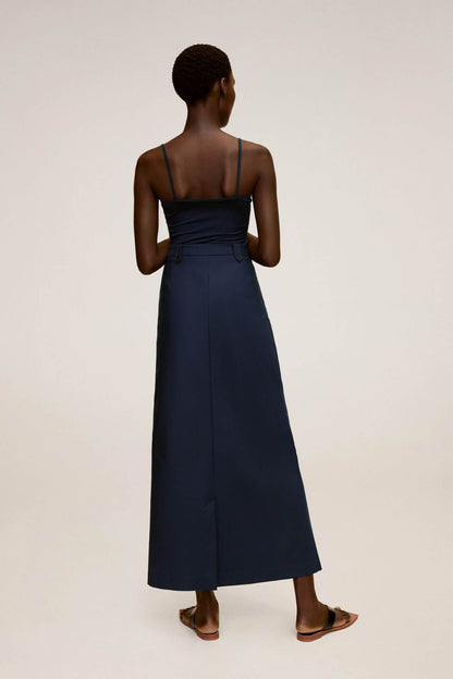 Dark navy button-front midi skirt, back view