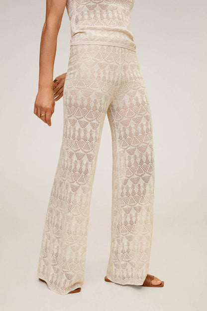 Light grey lace-pattern wide-leg pants, full length, side view
