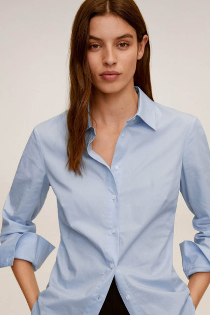 Sky blue button-up shirt with collar and long sleeves, front button placket