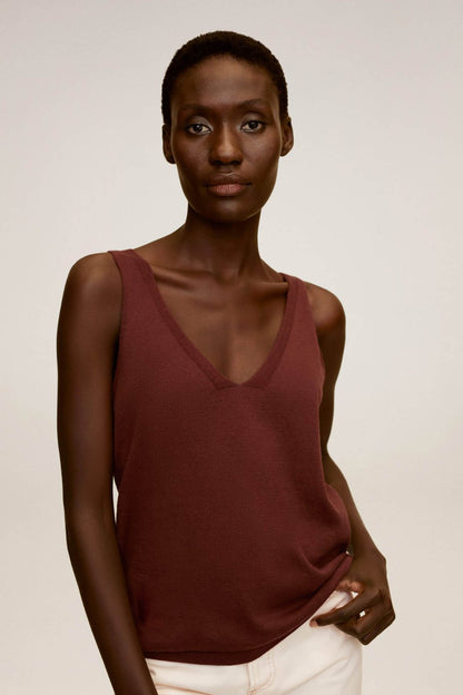 Brown V-neck sleeveless top with draped cowl front