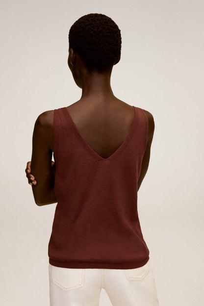 Brown V-neck sleeveless top, back view