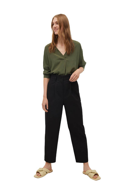 Khaki V-neck blouse with elbow-length sleeves, full-body view
