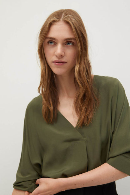 Khaki V-neck blouse with elbow-length sleeves, relaxed fit