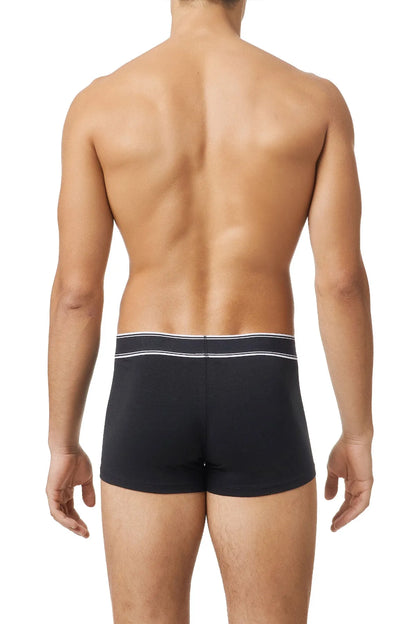 Black boxer briefs with white striped waistband, back view