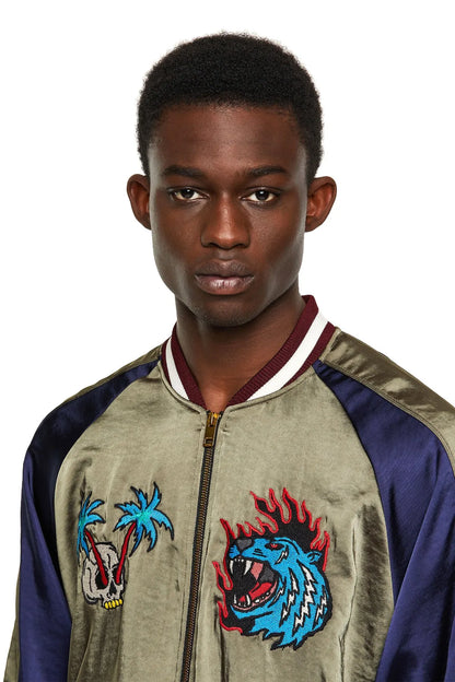Diesel bomber jacket with ribbed collar; olive front with dragon embroidery and zip