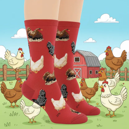Red crew socks with scattered chicken and farm animal prints, ankle length