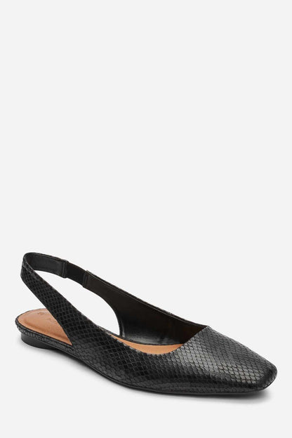 Black textured ballet flats with pointed toe and low-profile sole