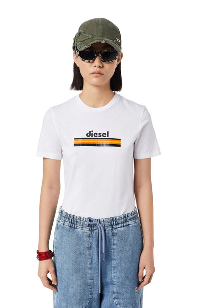 White crewneck T-shirt with logo, light blue denim jogger pants