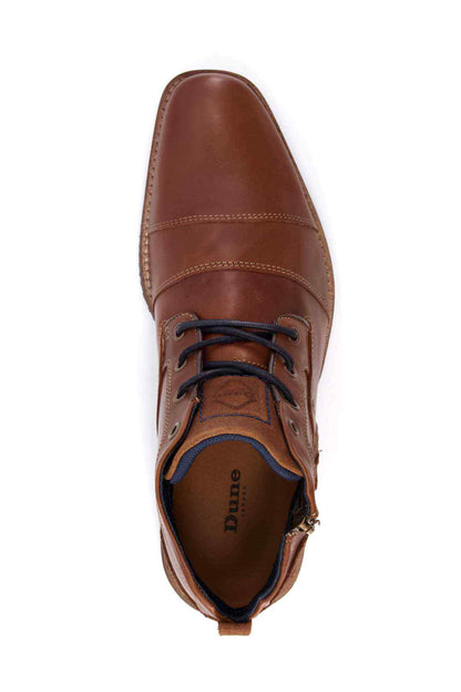 Dune London tan leather lace-up boots, front view