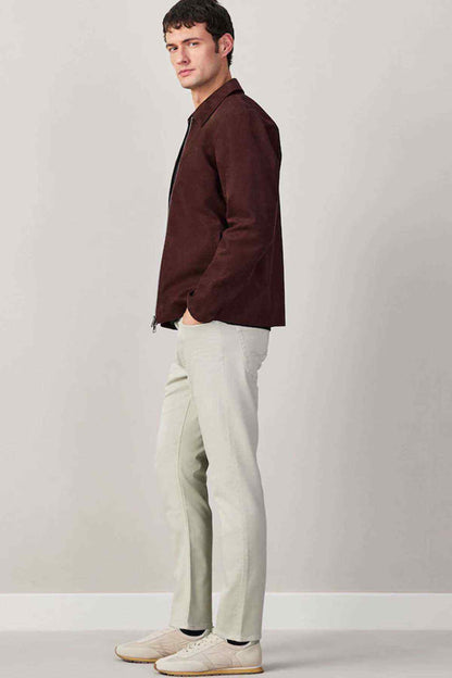 Men's stone slim-fit pants with straight legs and button waist