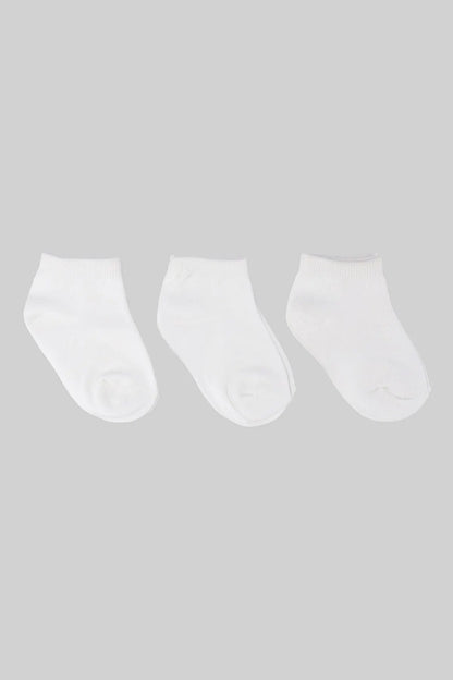 Set of three white baby socks, ribbed cuffs and rounded toe