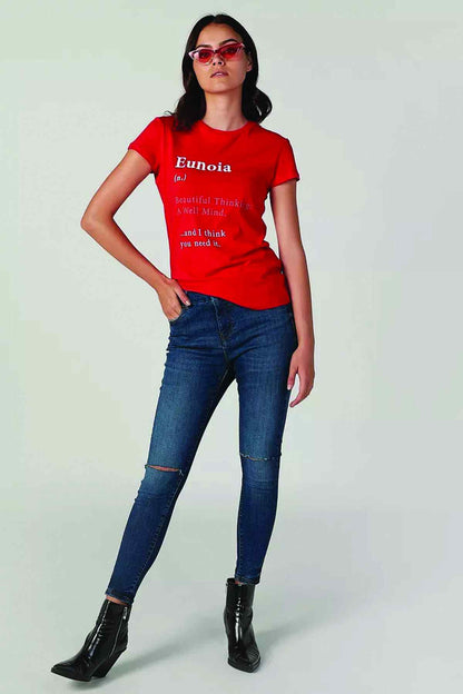 Splash blue denim jeans, slim fit, ripped knee details, five-pocket style.