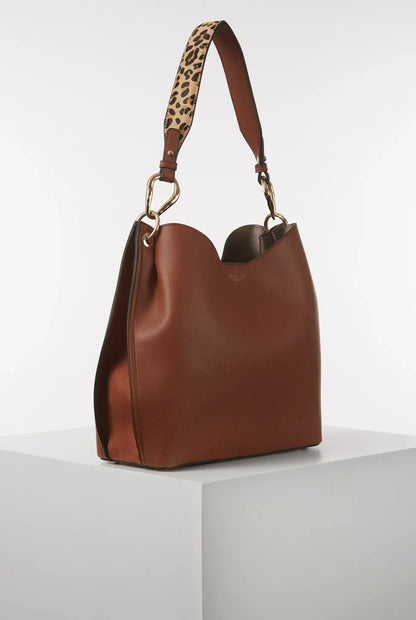 Brown leather hobo shoulder bag with leopard print strap and gold hardware