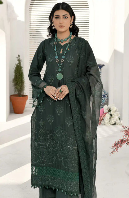 Bottle green embroidered long kurta with decorative yoke, scalloped hem, sheer dupatta