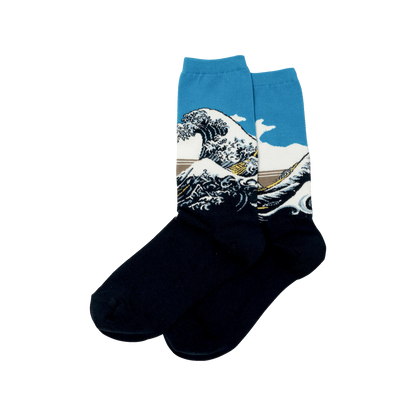Wave graphic crew socks with teal cuffs and dark navy blue knit