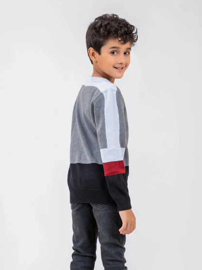 Brumano boys' grey cotton crewneck sweater, side view, white/red panel sleeves