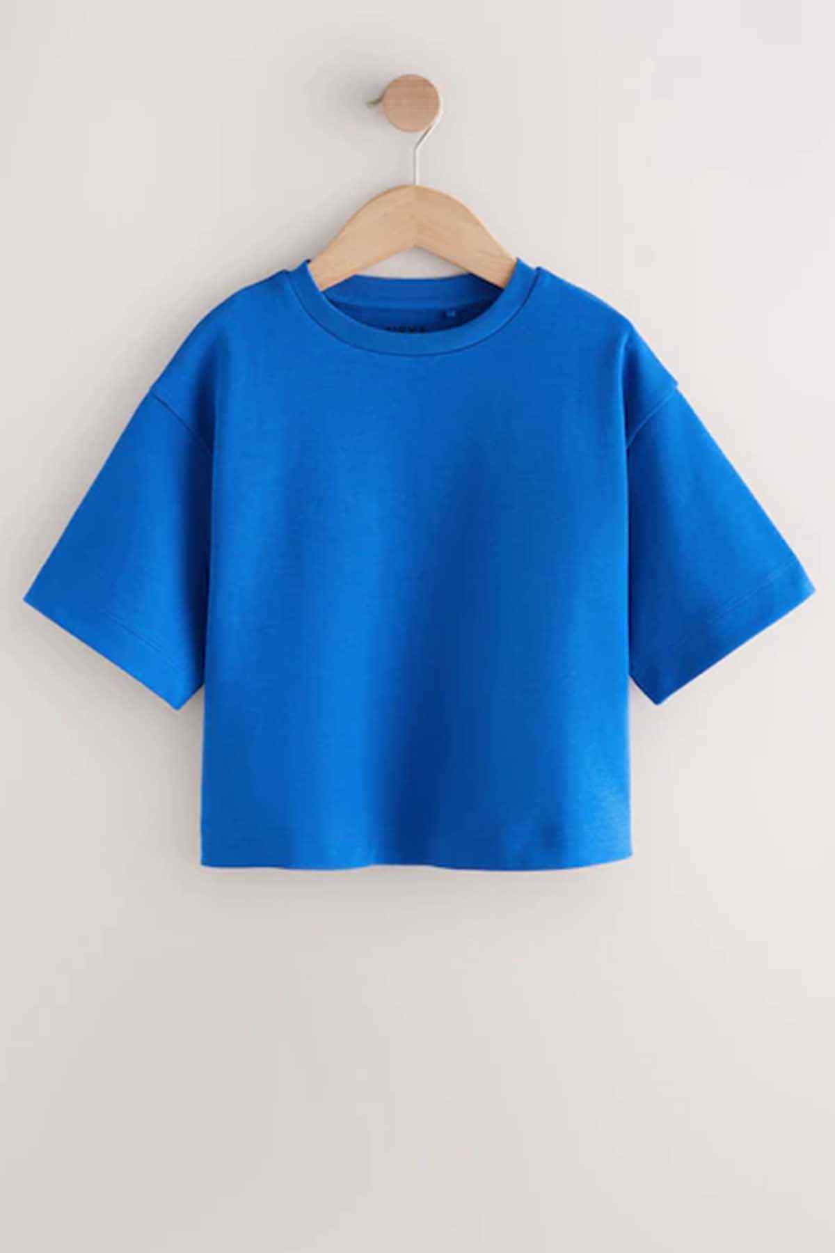 Cobalt blue kids crewneck short-sleeve T-shirt on wooden hanger