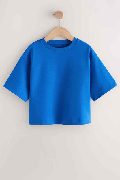 Cobalt blue kids crewneck short-sleeve T-shirt on wooden hanger