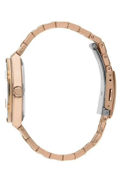 Rose gold wristwatch side profile with crown and link bracelet clasp