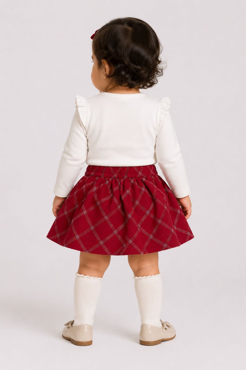 Baby long-sleeve top and red plaid flared skirt dress, back view