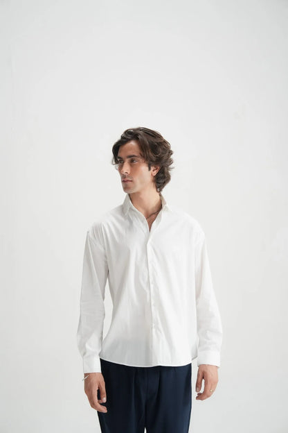 Brackets white button-up shirt front view, showing full torso and open collar