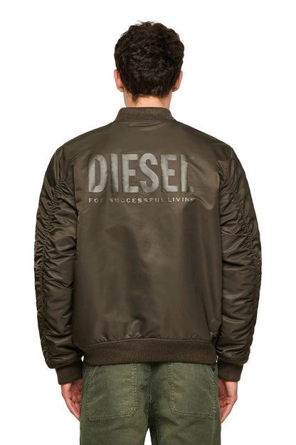 Diesel olive bomber jacket back view with DIESEL logo across shoulders