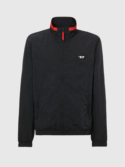 Diesel black windbreaker jacket with red zipper and chest logo