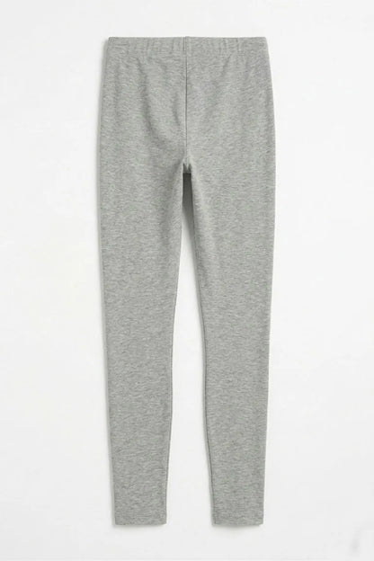 Dark grey heather leggings with straight legs and center front seam