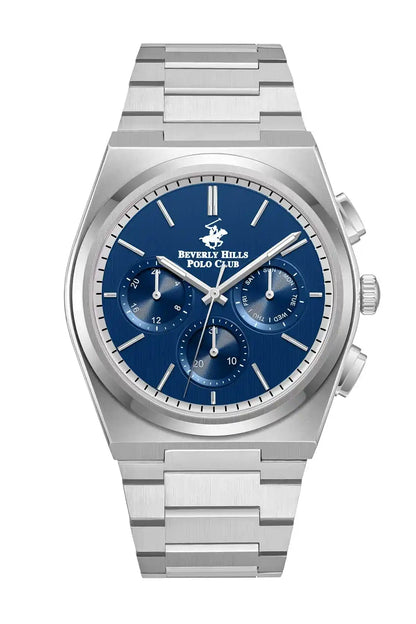 BHPC silver wristwatch, blue dial with subdials and metal link bracelet