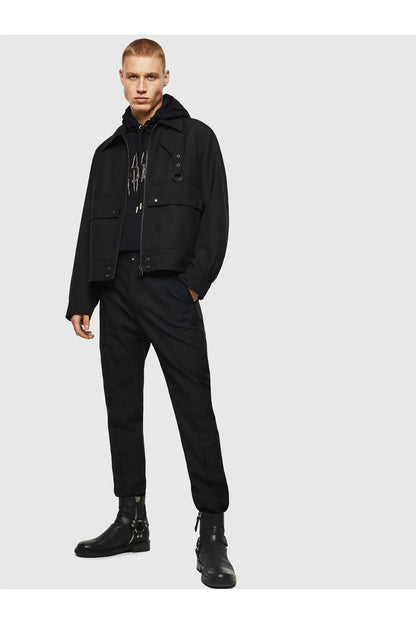 Black Diesel utility jacket and cargo pants set, zip front and drawstring hem
