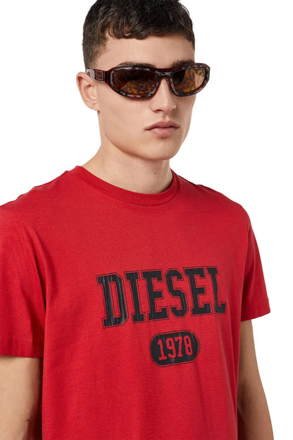Red crewneck T-shirt chest close-up: "DIESEL 1978" print