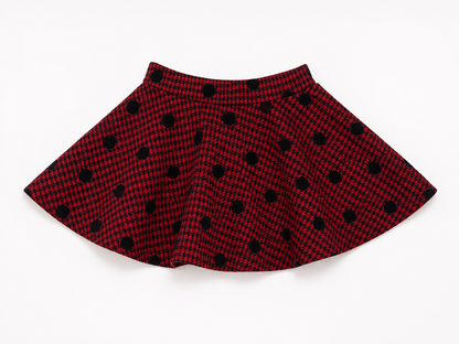 Red and black patterned A-line skirt with gathered waist