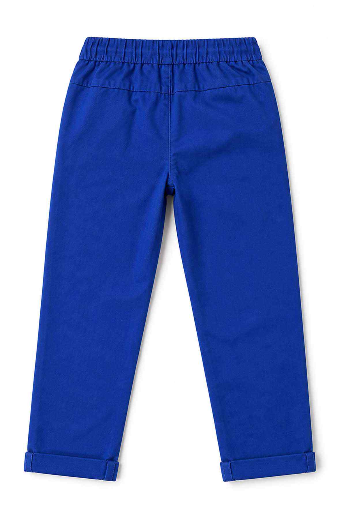Blue kids pants with elastic waistband, straight legs, cuffed hems