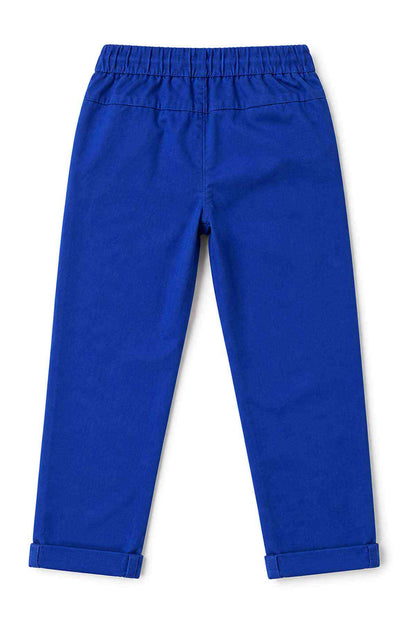 Blue kids pants with elastic waistband, straight legs, cuffed hems