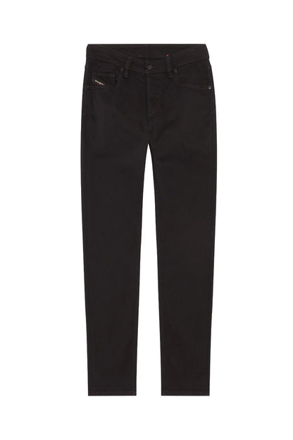 Black jeans front view with belt loops and multiple front pockets