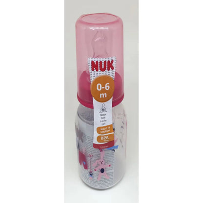 NUK baby feeding bottle, 0–6 months, pink translucent cap
