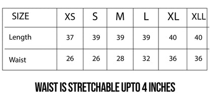 FUNKY DUNKY size chart: length 37–40, waist 26–36, waist stretch up to 4 in