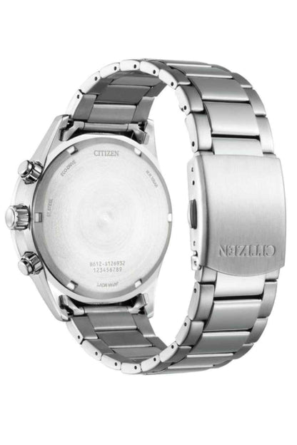 Silver wristwatch caseback with metal bracelet links, engraved round back