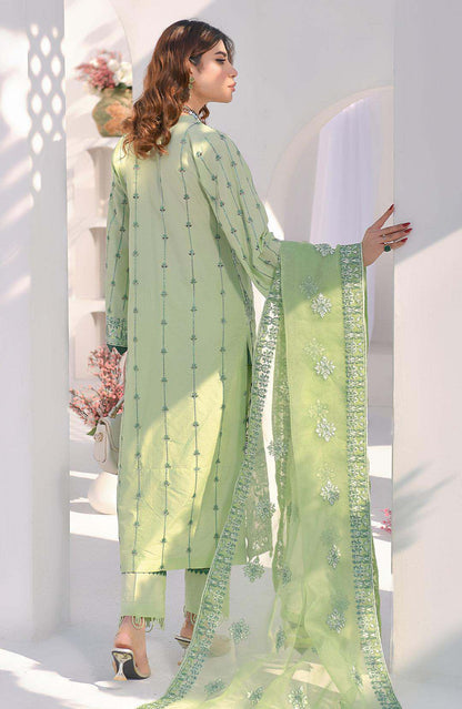 Fiona light green embroidered long dress with sheer overlay sleeves and side vents