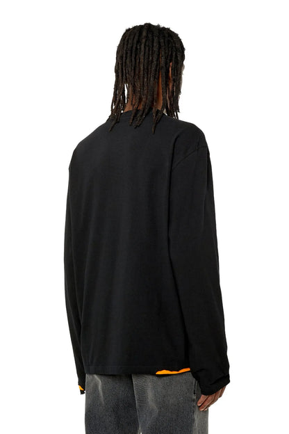 Black crewneck sweatshirt, back view, with outlined logo detail and orange hem trim