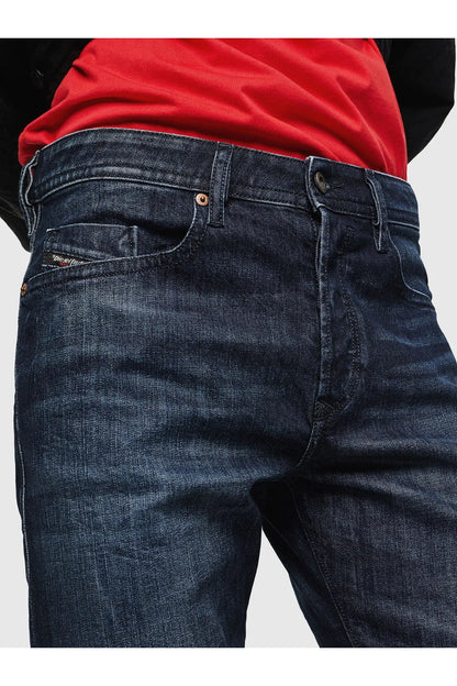 Diesel dark blue denim jeans with zip fly, button waist, and front pockets