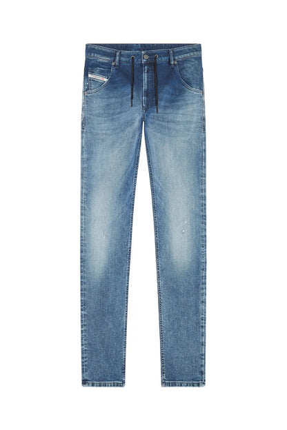 Diesel blue denim jeans with drawstring waist, straight leg, front