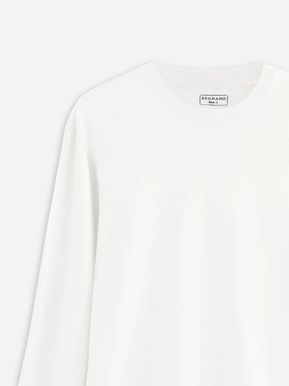 White cotton long-sleeve crewneck T-shirt with neckline label