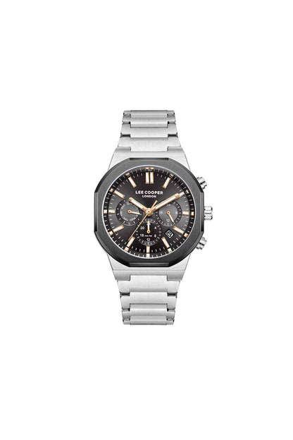 Lee Cooper stainless steel watch, black dial, silver bracelet, chronograph subdials