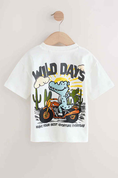 White kids T-shirt with Wild Days dinosaur on motorcycle graphic, back view