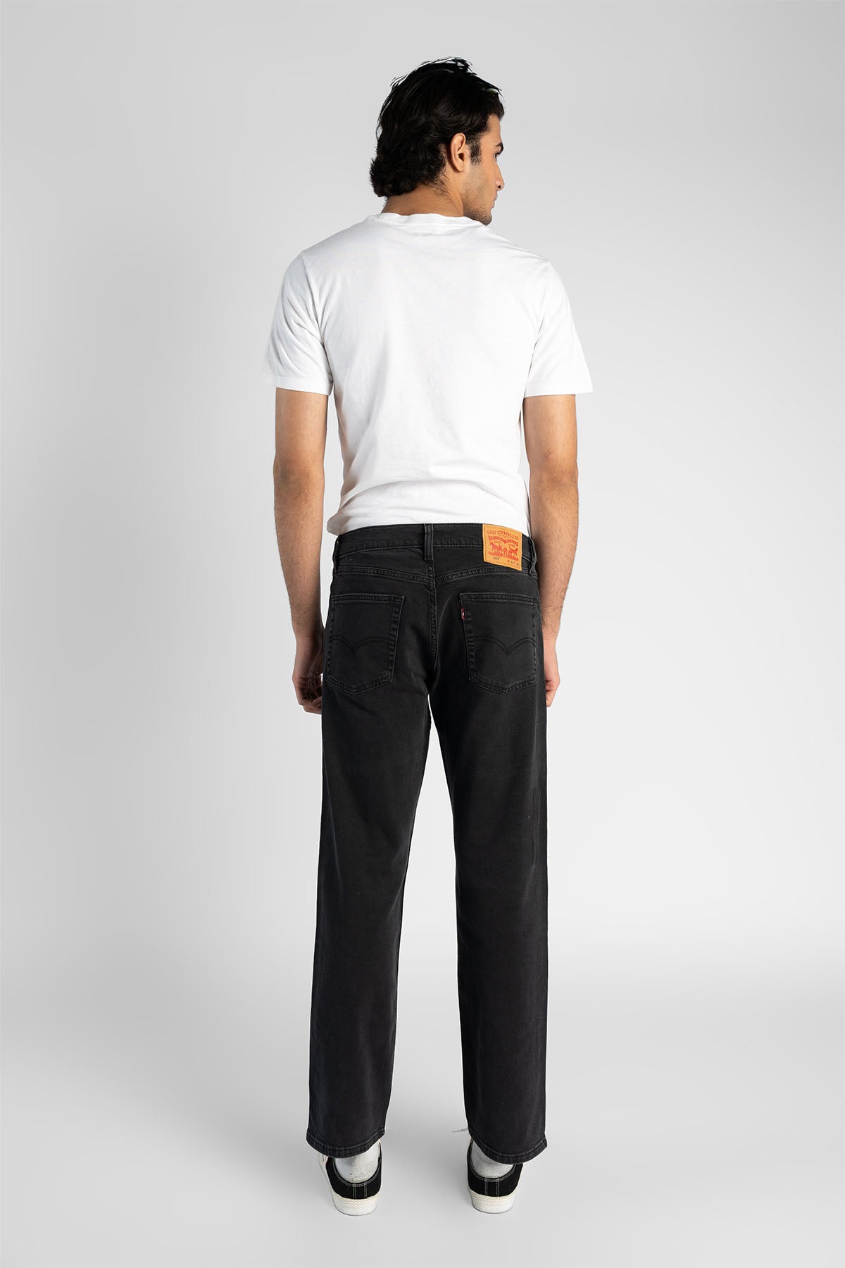 Levi's charcoal straight-leg jeans, rear patch pockets and belt loops