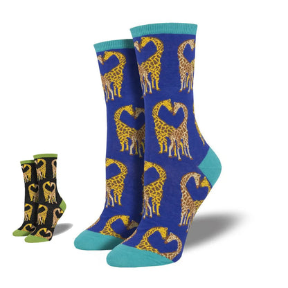 Set of crew socks: blue with yellow giraffe print and small black pair with green cuffs