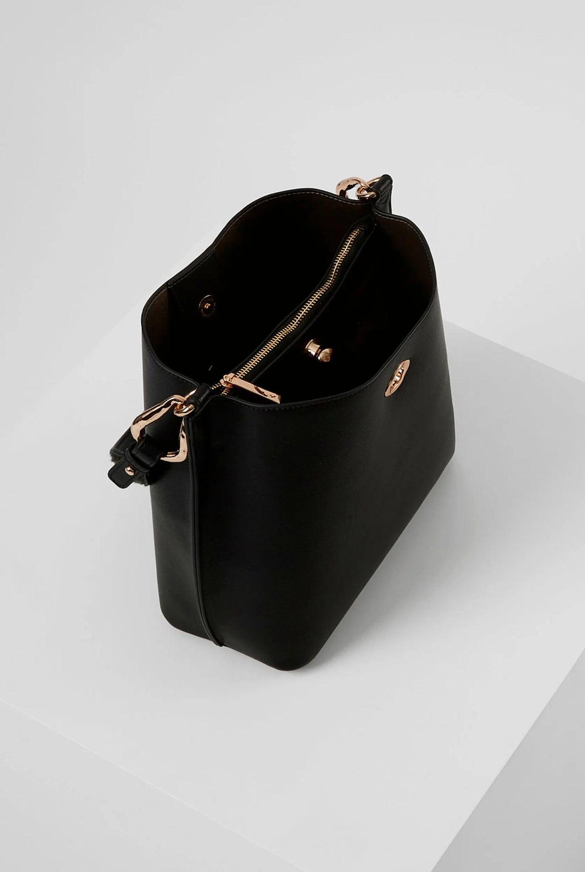 Luella Grey black bucket-style handbag with top opening and gold latch hardware