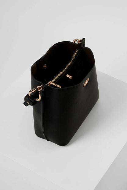 Luella Grey black bucket-style handbag with top opening and gold latch hardware