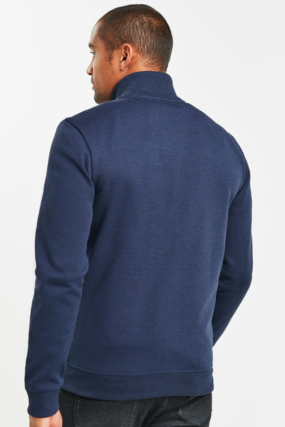 Navy zip-front sweatshirt with high neck and long sleeves, back view
